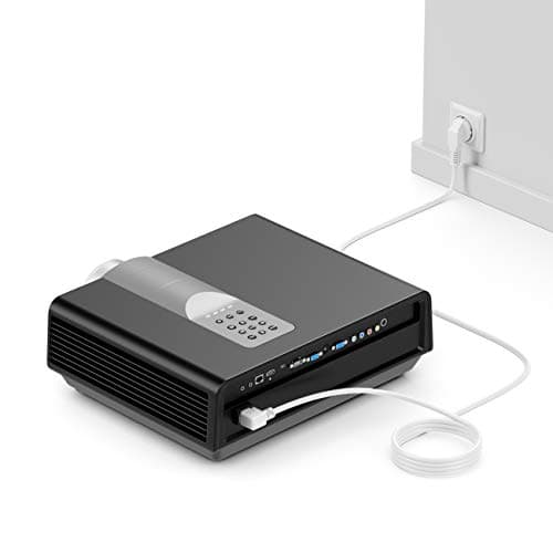 deleyCON 5m Câble d'alimentation Contact de Protection Fiche Type F (CEE 7/4) 90° Coudée au Connecteur d'alimentation C13 Femelle 90° Coudée à Droite pour PC Moniteur Ordinateur Beamer - Blanc