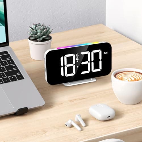 LOFICOPER Réveil Numérique, Horloge de Chevet Numérique avec 10 Modes de Lumière de Nuit RVB, Grand Écran de 16,8cm, 5 Luminosités Réglables, Double Alarme, Répétition, Port de Charge USB