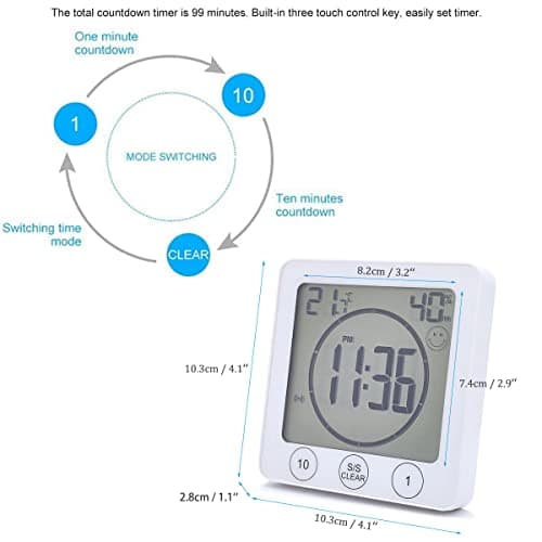 VORRINC - Horloge de salle de bain - Horloge numérique à ventouse, avec écran LCD - Affichage de l’humidité, de la température - Avec minuteur de compte à rebours - Pour douche et cuisine