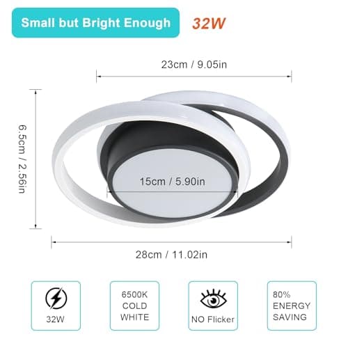 Comely Plafonnier LED, Rond Lampe de plafond 32W 2350LM, Moderne Luminaire Plafonnier pour Couloir Coucher Salle de Bains Cuisine Salon, Blanc Froid 6500K, Longueur 28cm, Noir