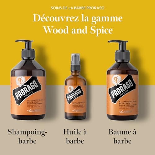 Proraso | Huile à barbe Wood & Spice (flacon-pompe de 100 ml) – Huile pour barbe adoucissante et protectrice pour barbes longues et hirsutes – Fabriquée en Italie