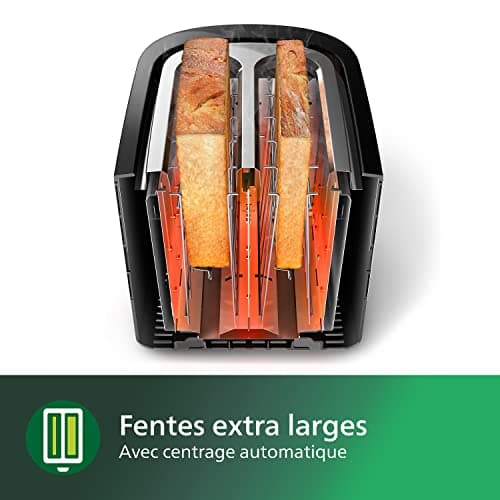 Philips Grille-pain - 2 Fentes, 7 Réglages, Réchauffe-Viennoiseries, Décongélation, Surélévation, Arrêt Automatique, Noir (HD2637/90)