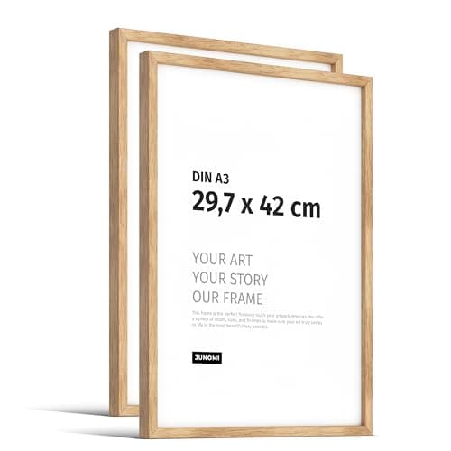 JUNOMI® Lot de 2 cadres photo en chêne de qualité supérieure, format A3 (29,7 x 42 cm), cadre en bois véritable DIN A3 avec verre acrylique incassable, cadre en chêne