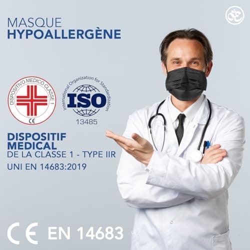 S&S Médical Lot de 100 Masques CHIRURGICAUX noir certifiés CE Type IIR BFE ≥ 98% DISPOSITIF MÉDICAL 3 couches de protection chirurgical Ministère de la Santé + crochet d'oreille (100 | Noir)