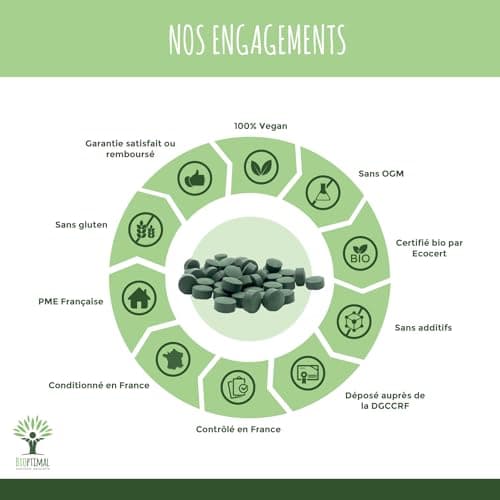 Spiruline Bio - Bioptimal - Complément alimentaire - BCAA Fer Vitamine A - 65% de Protéine - 17% de Phycocyanine - 500 mg/comprimé - Conditionnée en France - Certification Ecocert - 600 comprimés