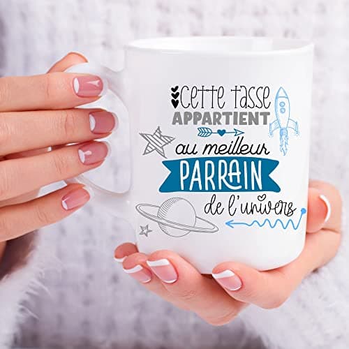 ÉNJA Création. Mug parrain. Parrain/Tasse – Le meilleur de l'univers - Futur parrain - Cadeau anniversaire, fête ou noël Cadeau original. Céramique haute qualité 11oz - 320 ML (PARRAIN)