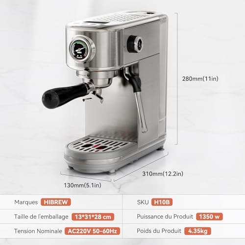 HIBREW Machine à expresso programmable, H10B, acier inoxydable brossé, température et volume de tasses réglables, nettoyeur vapeur pour mousseur à lait