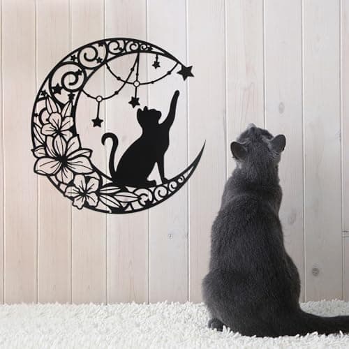 momgyaamz 11,8" Art Mural Noir en Métal, Chat qui choisit des étoiles sur la lune Décoration Murale Ronde Silhouette Art, pour Cadeau intérieures et extérieures Jardin Maison Décoration(30x30cm)