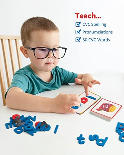 Coogam Cartes de vocabulaire avec lettres magnétiques ABC, pour apprendre à écrire des mots à vue CVC, jouet éducatif, cadeau pour enfants de 3, 4, 5 ans