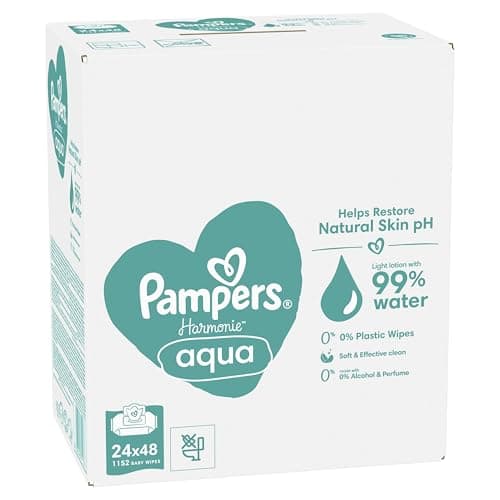 Pampers Harmonie Aqua, 1152 Lingettes pour Bébé (24x48), Sans Plastique, Certifié OEKO-TEX, Protection De La Peau Délicate Avec 99% D’Eau, Aide à restaurer le pH naturel de la peau