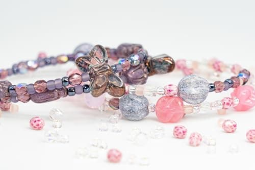 Bracelet making kit with Czech Glass Beads & TOHO Japanese Rocailles, 2pcs Memory wirе and crimps for begginers - easy & fast to do (Butterflies Purple Pink)