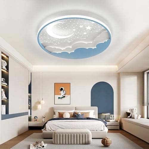 Plafonnier LED Chambre Enfant, Moderne Créative Étoile Et Lune Lampe De Plafond, Lampe Plafond avec Dimmable Télécommande 3000-6000K, Garçons Et Filles Chambre Enfants Lumière Éclairage, Bleu