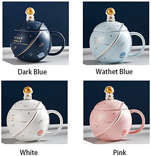 ZMHQLPDZ Mug humoristique pour femme, 450 ml, motif astronaute mignon avec couvercle et cuillère, tasse Kawaii fantaisie pour café, thé et lait, tasse cadeau (rose)
