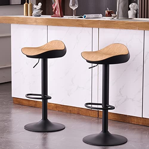 YOUNIKE Tabouret de Bar Noir Chaise Haute de Bar, Hauteur Réglable et Pivotant 360° Tabouret Design Siège en Grain de Bois, Tabouret pour Bar Cuisine et Comptoir Lot de 2