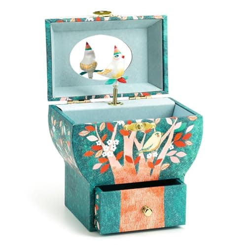 DJECO Boîte à Musique et Bijoux en Bois dès 4 ans - Rangement Bijoux avec Intérieur en Velours et 1 Tiroir - Cadeau Décoratif Unique - Figurine, Mélodie, Miroir et Illustrations - Arbre Poétique