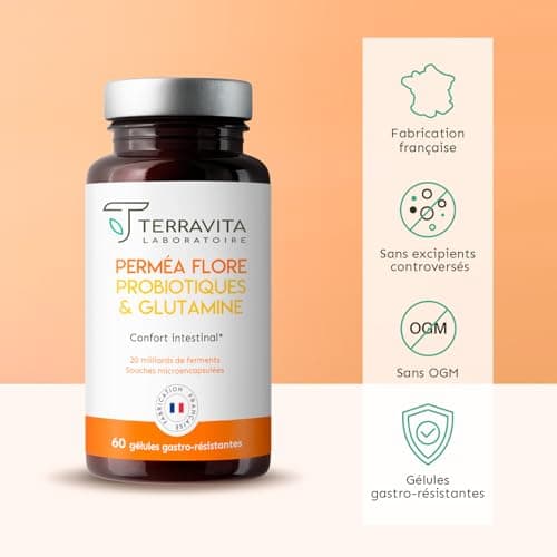 PERMEA FLORE | Probiotiques et Glutamine | Flore Intestinale et Cicatrisation de la Muqueuse | Idéal Contre la Perméabilité Intestinale | 60 Gélules Gastro-résistantes | Made in France | Terravita