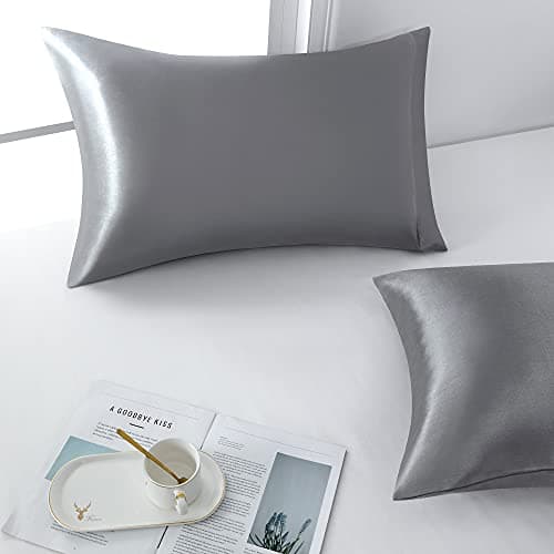 FARFALLAROSSA Lot de 2 Taies Oreiller en Satin 45 x 70 cm, Oreiller Satin Gris, Satinées Housse d'oreiller Doux Prend Soin de Votre Peau et Antichute de Cheveux