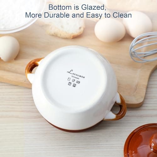 LOVECASA Lot de 4 Bols à Soupe à l'Oignon Français avec Poignée | 780ml | Pot à Soupe en Porcelaine pour Céréales, Ragoût de Bœuf, Pâtes, Tartes aux Casseroles | Compatible au Micro-ondes et Four