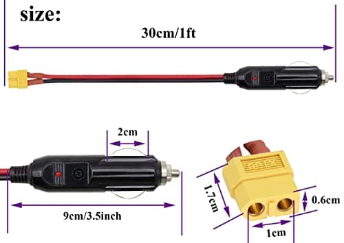 AAOTOKK (2Pack 16AWG XT60 to Cigarette Lighter Cable,12V Cigarette Lighter Male Plug to XT60 Female Adapter Extension Cable compatible for Freestyle Fpv Drones Battery Charging Cable.(0.3m/1ft-F)