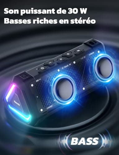 RIENOK S11 Enceinte Portable Bluetooth aux Basses Renforcées, 3 Modes d'Égaliseur, Mode USB, Bluetooth 5.3, 30W Enceinte Puissante, IPX7, TF Carte, Soirées Plage, Randonnées, Voyage, Noir