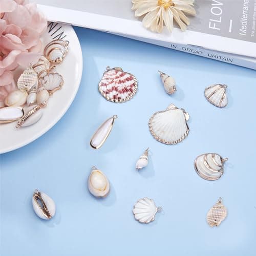 SUNNYCLUE 1 Box 20pcs 10 Styles Natural White Cowrie Seashells Pendant Conch Shells Plated Charms Shells de Breloques for Necklace Bracelet Earring Making Perles de Coquillage Naturel