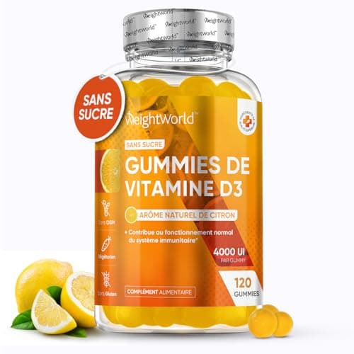 Vitamine D3 4000 UI Cholécalciférol - 120 Gummies Sans Sucre (8 Mois) - Vitamine D Système Immunitaire, Absorption Calcium, Fonction Musculaire, Dentition - Arôme Naturel de Citron, Végétarien