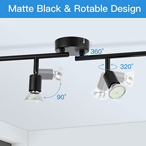 wowatt Plafonnier LED 4 Plafonnier cuisine Incl. 4x 5W Spots GU10 420lm Pivotant Salon Entrée Chambre Blanc froid Plafonnier spot 6000K Noir Moderne Inoxydable