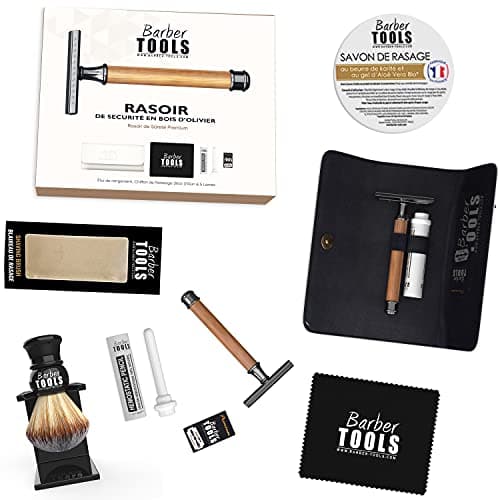 Kit de rasage - Rasoir de Sécurité/Rasoir de Sûreté + 5 doubles lames + Blaireau de rasage + savon de rasage 150ml + Pierre d'alun ✮ BARBER TOOLS ✮