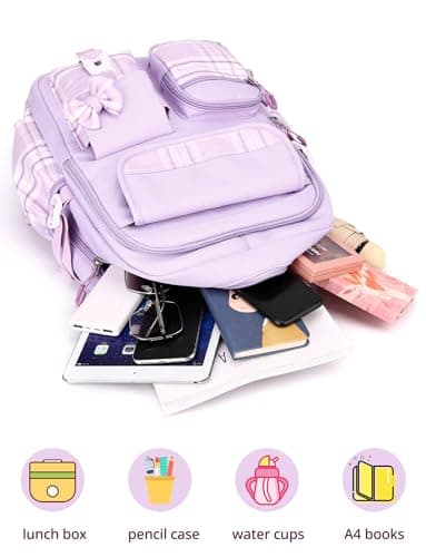 Adigau Sac à Dos Kawaii pour L'école Multipoches Grande Capacité Sacs à Livres Réglable Imperméable Étudiant Cartable Violet