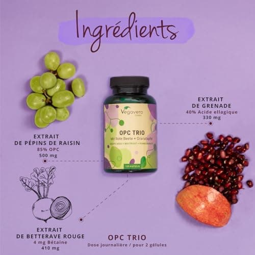 OPC Extraits de Pépins de Raisin | Antioxydant Puissant & Santé Cardiovasculaire | Avec Betterave Rouge & Grenade | Sans Additif & Vegan | 120 Gélules | Vegavero®
