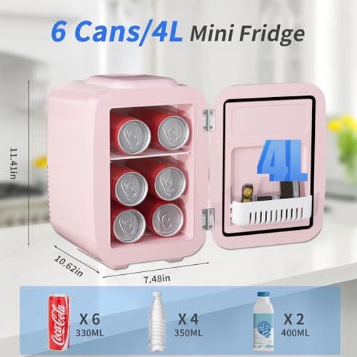 YASHE Mini Frigo de Chambre, 4 Litres Frigo Cosmetique, Petit Frigo Thermoélectrique CA/CC pour Boissons, Nourriture, Beauté, Bureau, Dortoir, Voiture, Rose