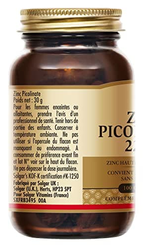 Solgar Zinc Picolinate 22mg - Défenses immunitaires - Zinc hautement assimilable - Nutriment Clé - Complément Alimentaire - Flacon de 100 comprimés