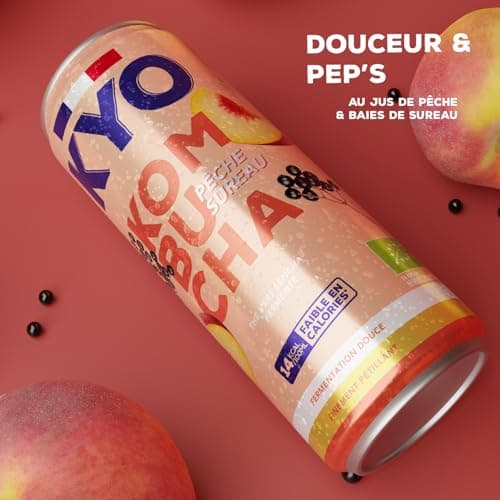 KYO Lot de 8 Canettes 33cl Kombucha Pêche Baies de Sureau bio - Pétillant - faible en sucre - sans alcool et artisanal