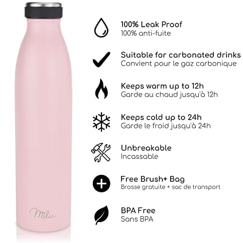 Milu Gourde en acier inoxydable 350 ml 500 ml, 750 ml, 1000 ml, 1,5 l – Bouteille isotherme, bouteille d'eau isolée, double paroi anti-fuite, convient aux acides carboniques (Rose, 750ml)