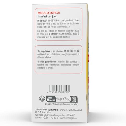 D-STRESS BOOSTER Lot de 3 + 1 Produit Synergia Offert | Magnésium de 3ème Génération + Taurine + Arginine + Vitamines B | Gère les Montées de Stress en 30 Minutes | LABORATOIRE SYNERGIA