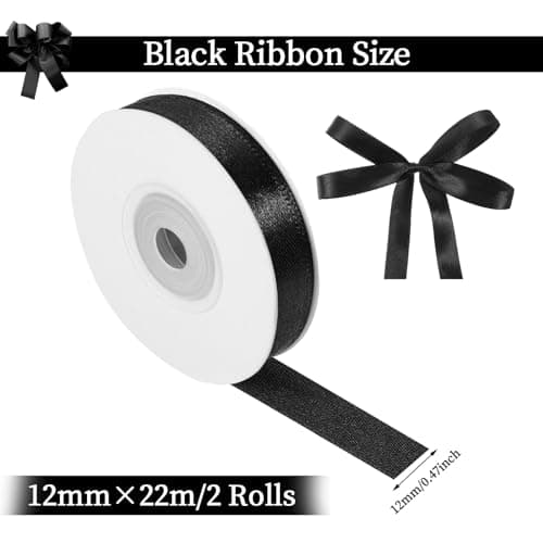 2 Rouleaux Ruban Noir, 12mm X 22m Ruban Satin Noir Ruban de Satin, Ruban Couture pour Emballage Cadeau Bouquet Gâteau Décoration Halloween Noël Fête