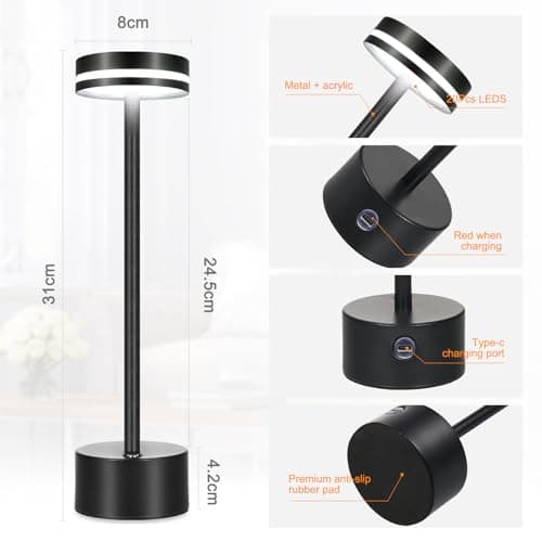 Neoglint Lampe de Bureau Sans Fil, Lampe de Table Tactile À Intensité Variable, 4000 mAh, 7,5 W, Lampe de Chevet Portable en Métal Rechargeable de 31 cm de Haut (Noir)