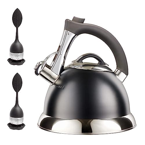 Bouilloire sifflante avec poignée iCool, théière chirurgicale en acier inoxydable pour toutes les cuisinières, 2 infuseurs GRATUITS inclus, 3 litres par Pykal (Noir)