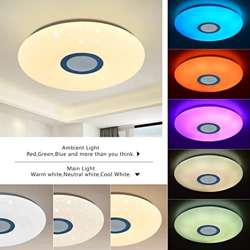 JDONG Plafonnier Bluetooth, LED avec haut-parleur, télécommande et application de contrôle, changement de couleur RGB, intensité variable, étoiles,Bruit blanc, 36 W Ø 40 cm