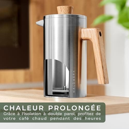 WALDWERK Cafetière à Piston (1L) - French Press en Acier Inoxydable à Double Paroi avec Poignée en Bois de Chêne - Cafetière Manuelle Sans Plastique