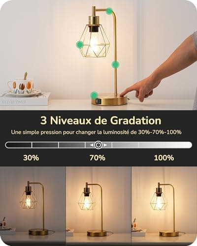 EDISHINE Lampe de Table LED E27 Ampoule Dimmable à 3 Niveaux, USB A & USB C Port de Charge, Contrôle Tactile, Lampe de Chevet Industrielle avec Abat-jour en Forme de Diamant, Doré, 2pcs