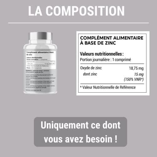 ZINC 15MG - 1 an d’Approvisionnement 365 Comprimés - Immunité, Cheveux, Peau, Ongles, Fonctions Cognitives - Complement alimentaire -Fabriqué en France