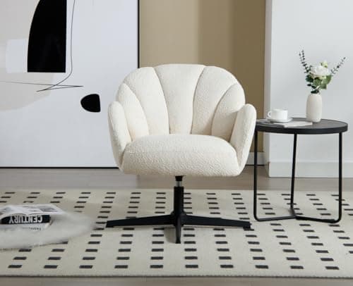 Wahson Fauteuil de Salon en Fausse Fourrure Fauteuil Crapaud Confortable Pied Pivotant Fauteuil Coquillage Siège Rembourée, Fauteuil Coiffeuse pour Salon et Chambre, Blanc
