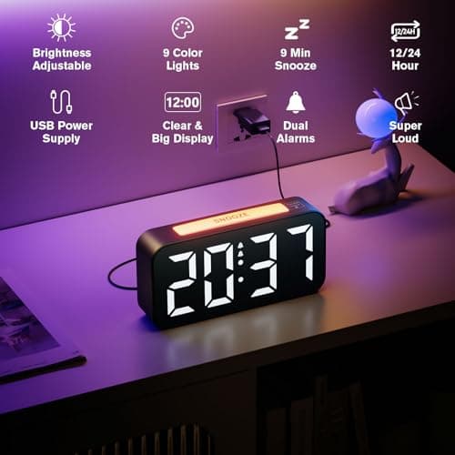 Reveil, Réveil Numérique Grand écran LED avec Veilleuses 9 Colorées, Luminosité & Volume réglable, Cloche Double, Snooze, 12/24H, Alimentation électrique (Adaptateur Inclure)