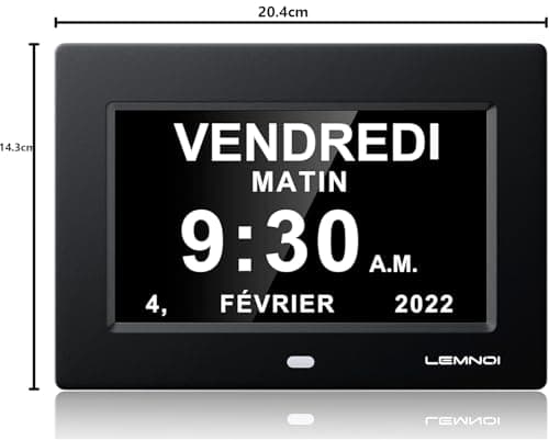 LEMNOI 7" Pouce LCD Horloge Numérique Calendrier Noire avec Date Jour Et Heure Horloge Non-Abrégée Auto Dimming 8 Langues HD Display Rappel pour Alzheimer Les Personnes âgées et Les Enfants
