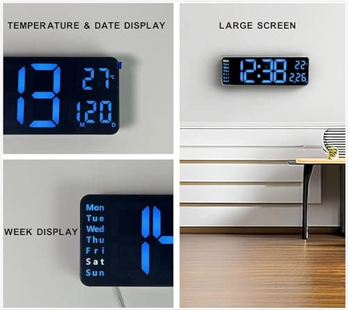 iTOMA Horloge numérique, 13 "Grand écran LED Horloge Murale pour la décoration de Salon, réveil, minuterie, 12 / 24h, Grande Horloge à Gradation Automatique de luminosité avec Date/température 6629