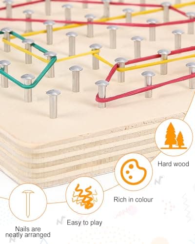 Jouet Montessori Géoboard en Bois,avec Cartes de Motifs et Rubber Band, marqueur pour tableau blanc,8x8 Épingles Pegboard Jeu Maternelle,Montessori Puzzle Forme,Idée cadeau pour garçons,Enfant Jouet