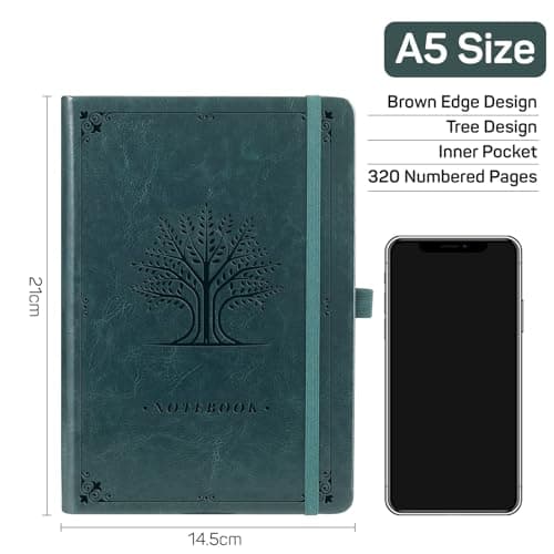HOMEMARS Cahier A5, Cahier de Note, Notebook, Carnets et Journaux, 320 Pages, 100 GSM, Ligné,Vert, Carnet De Notes De Journal Épaissi,Carnet numéroté, Journaux en cuir épais, conception d’arbre