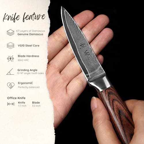 WAKOLI Edib Couteau d'office en Damas I Lame tranchante de 8,5 cm en acier damassé à 67 couches avec noyau VG10 et manche en bois de pakka I Couteau de cuisine professionnel & couteau damassé