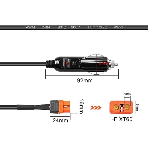GINTOOYUN Prise allume-cigare vers fiche XT60I-F - Câble d'alimentation 17 AWG - Prise allume-cigare vers fiche XT60I-F - Rallonge pour stations de charge portables, drones, etc (62")